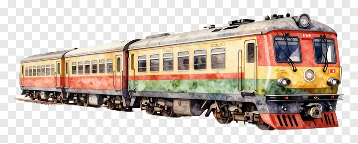 Artistic watercolor depiction of a multi-colored striped train.