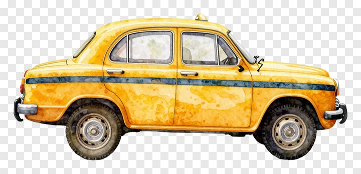 Side view of a yellow watercolor-style Kolkata taxi.