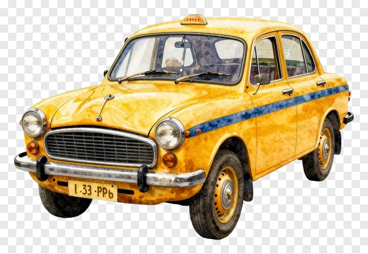 Yellow Kolkata taxi painted in watercolor with blue stripe.