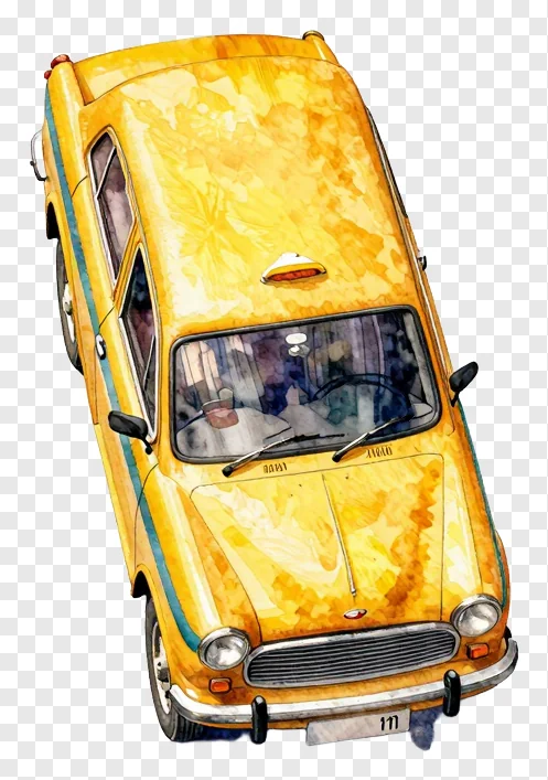 Yellow taxi painted in watercolor with blue stripe.