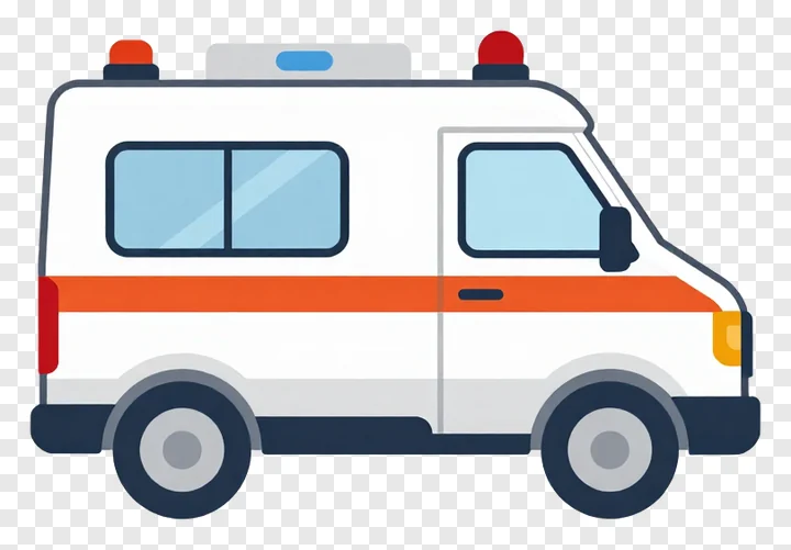 White ambulance with red lights and orange stripe.