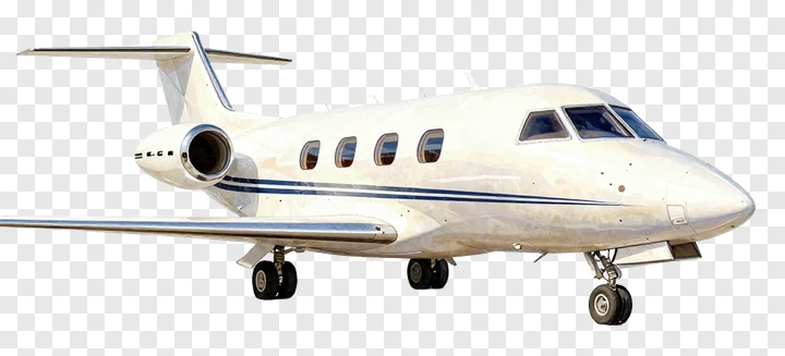 White business jet with blue stripes, landing gear deployed.