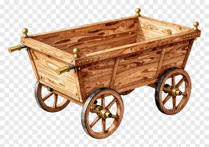 Wooden cart with brass handles and wheel hubs.