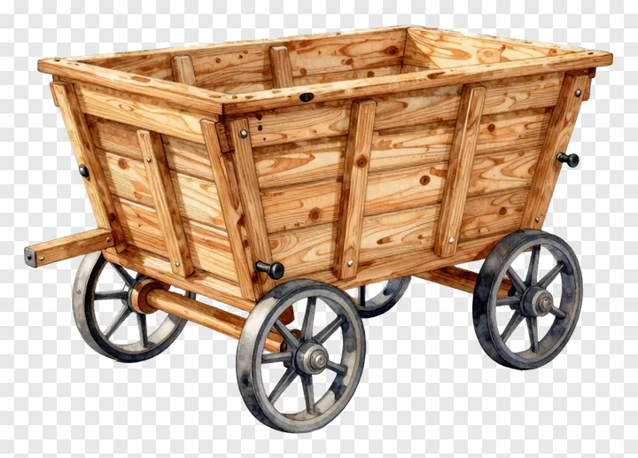 Rustic wooden cart featuring metal-rimmed wheels.