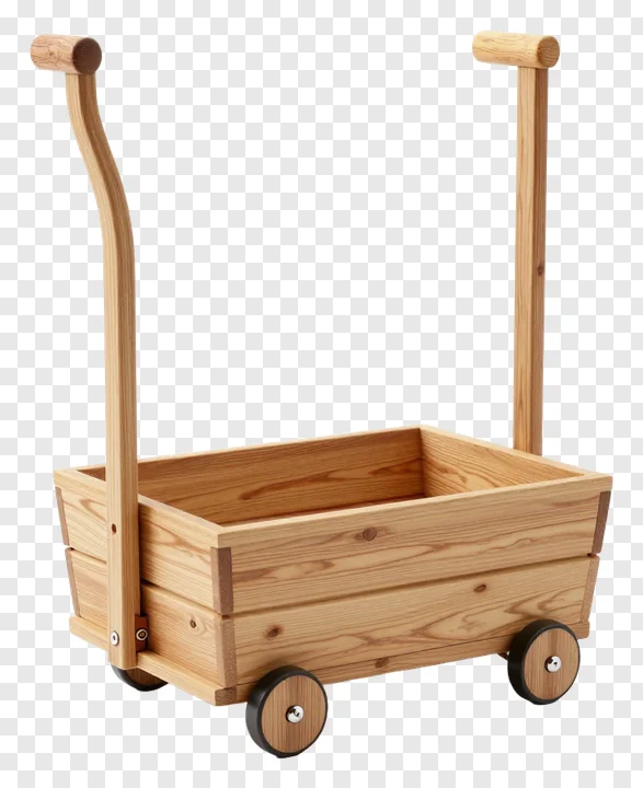 A wooden cart with a curved mango wood handle and small wheels.