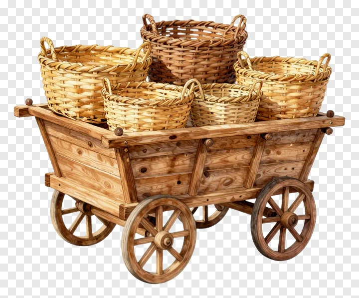 A wooden cart filled with woven baskets on a white background.