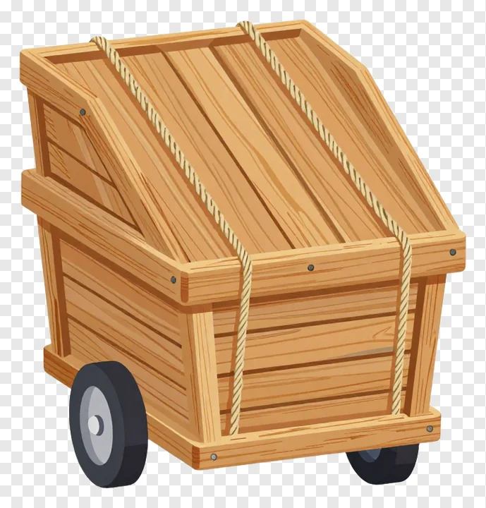 Wooden delivery cart with jute straps and wheels.