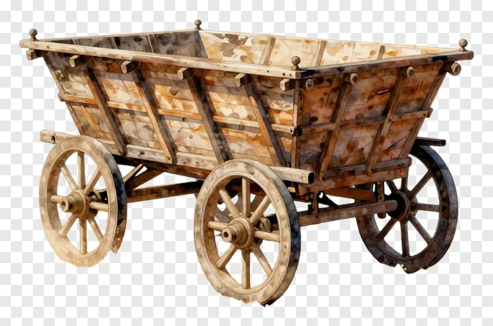 An old-fashioned wooden cart with dusty appearance and big wheels.