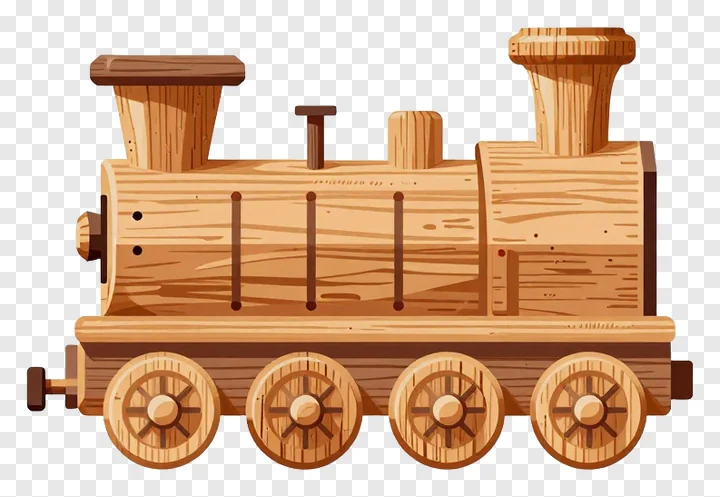 A wooden toy train engine with smokestack.