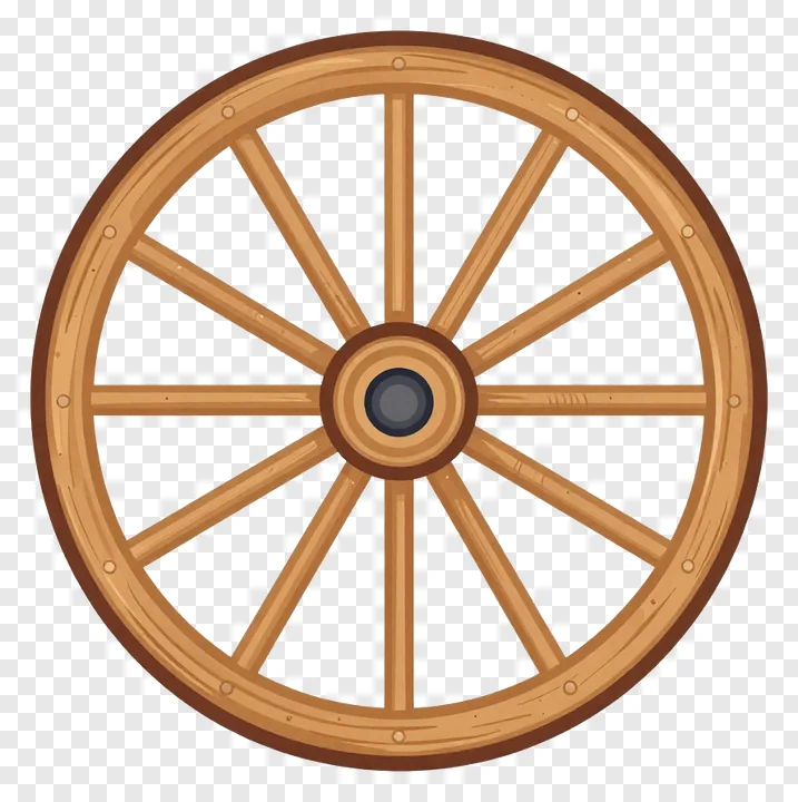 A wooden wagon wheel rim with spokes.