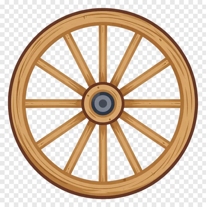 A wooden wagon wheel with spokes and a central hub.
