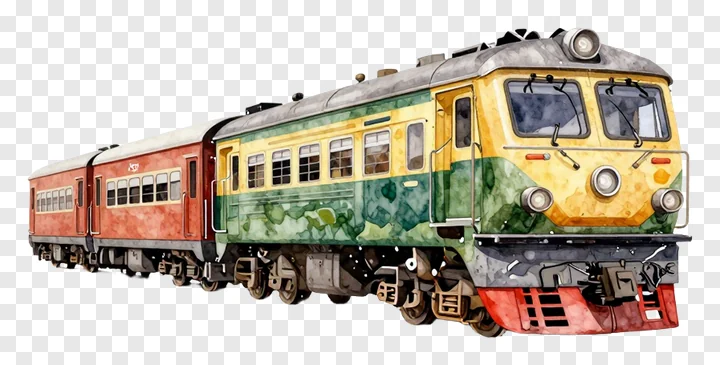 A colorful train painted in yellow, green, and red with a watercolor effect.