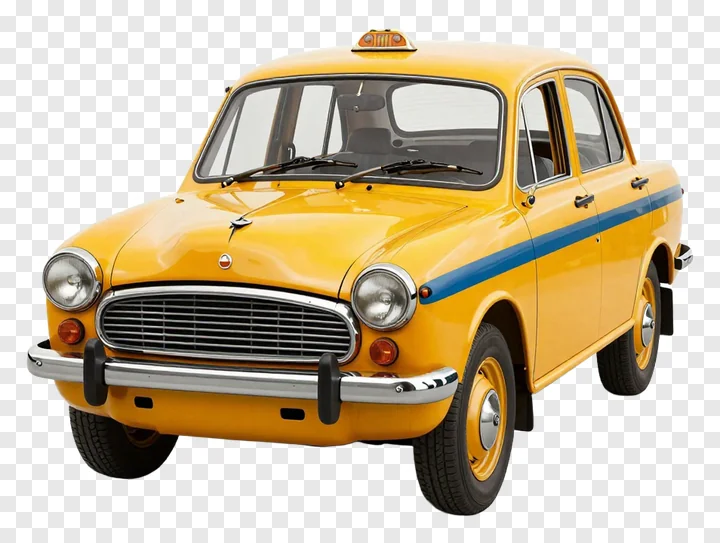 Front view of a vintage yellow taxi with blue side stripe.