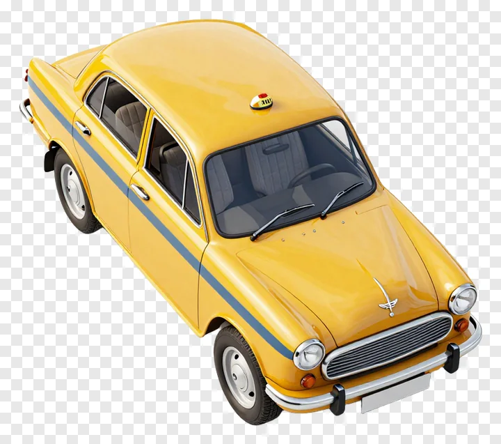 High-angle view of a yellow Kolkata taxi with blue stripe.