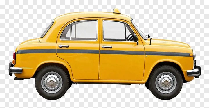 Side view of a yellow Kolkata taxi with black stripe.