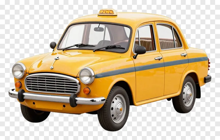 Vintage yellow taxi viewed from the front-left side.