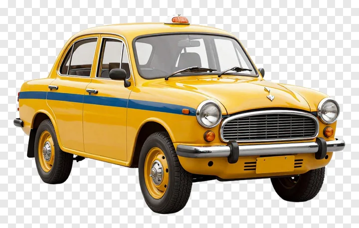 Classic yellow taxi vehicle with blue stripe.