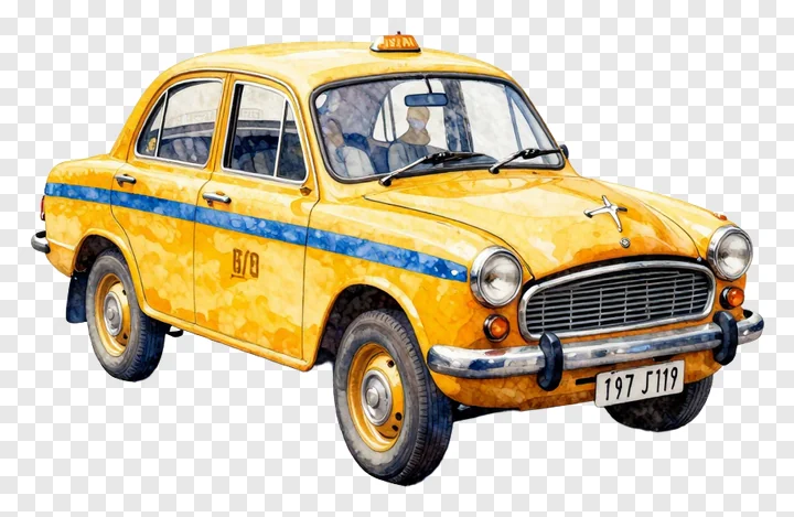 Watercolor illustration of a classic yellow Kolkata taxi with blue stripe.