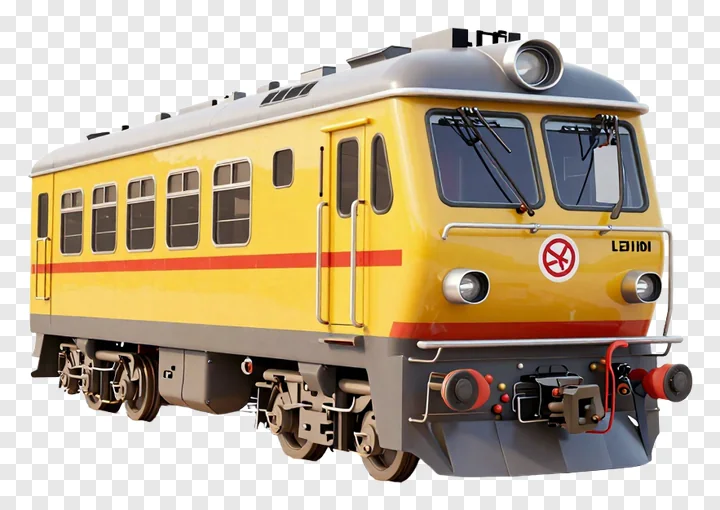 A yellow passenger train with a red stripe.