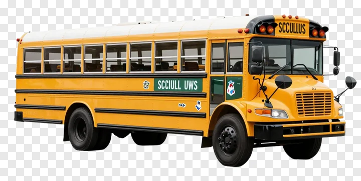 Side view of a yellow school bus with a chalkboard design on its body.