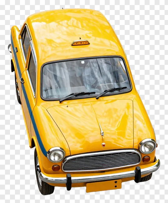 Front view of a yellow taxi with a blue stripe.