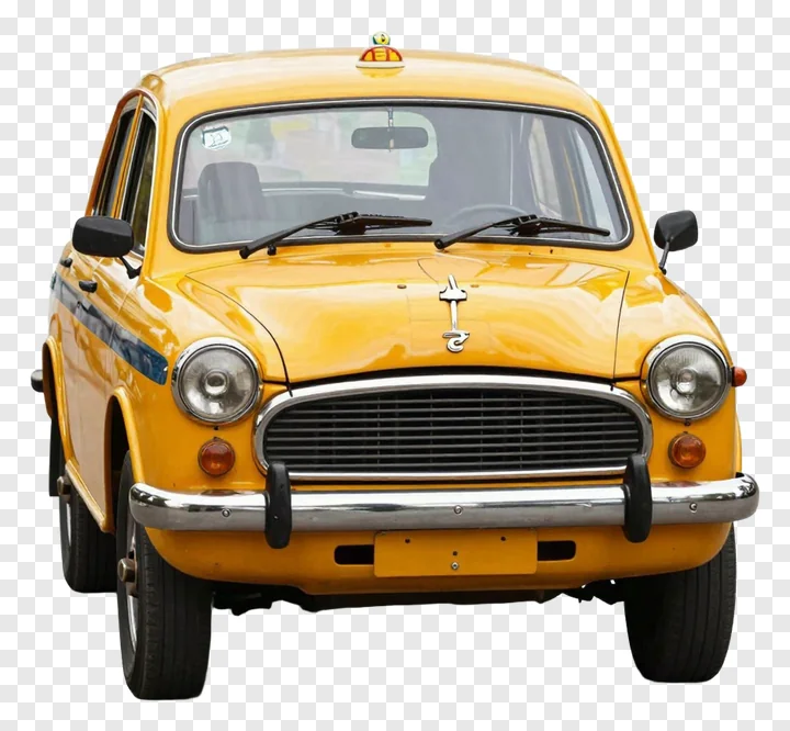 Front view of a yellow taxi with a roof light.