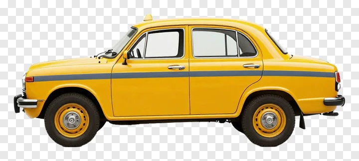 Side view of a yellow taxi vehicle.