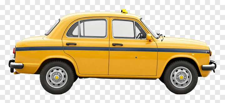 Side view of a yellow taxi with blue stripe.