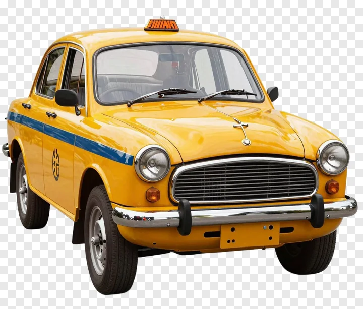 Classic yellow taxi with black bumper and blue stripe.