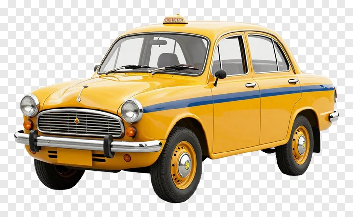 Classic yellow taxi with blue stripe on white background.