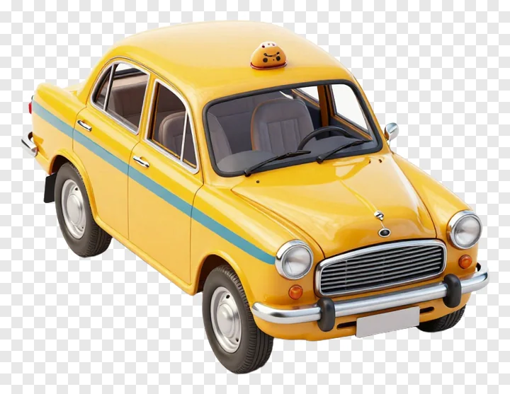 Yellow taxi model with a smiling face on the roof.