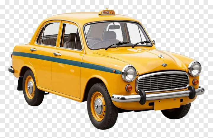 Classic yellow taxi with rounded headlights and green accent stripe.