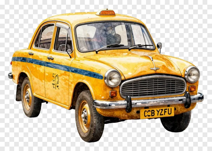 Watercolor illustration of a classic yellow Kolkata taxi.