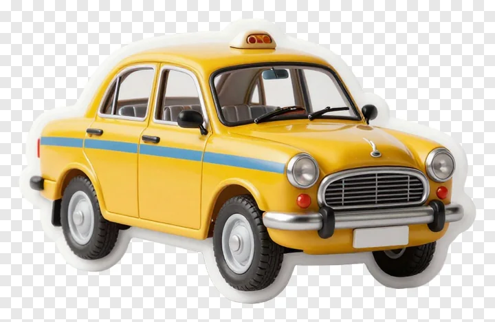 Yellow taxi with white bumper and blue stripe.