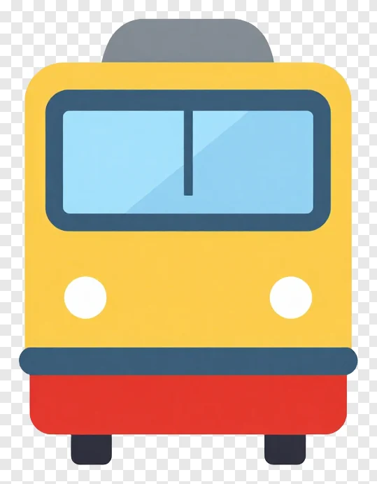 Yellow train with blue window and red bumper.