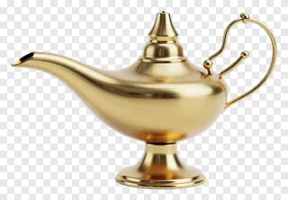 A golden brass oil lamp with a curved spout and handle.
