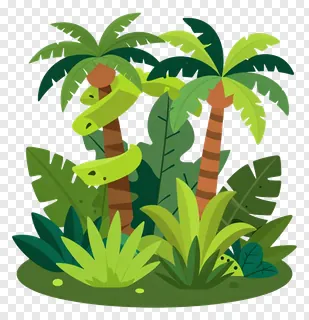 Illustration of a dense jungle with palm trees and green plants.