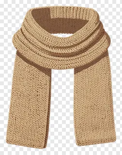 A beige knitted winter scarf draped around the neck.