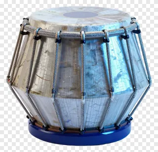 A traditional Bengali tabla drum with a light-colored shell and metallic ropes.