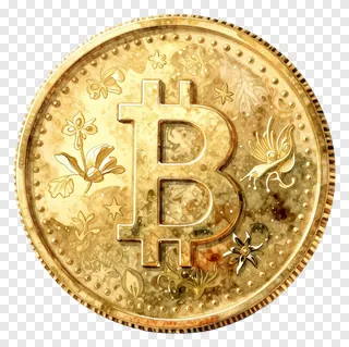 A gold Bitcoin coin with butterfly designs.