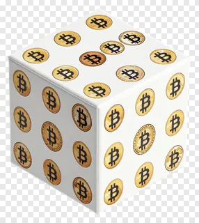 A 3D cube with Bitcoin logos on each face.