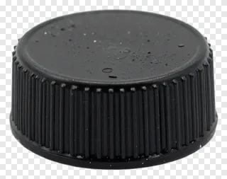 Black plastic bottle cap with ridges.