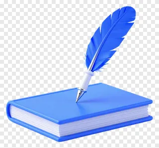 A blue book with a silver quill pen on top.