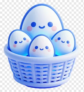 Four glowing blue smiling eggs in a basket.