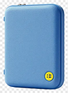 Blue textured case with a yellow button.