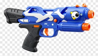 Blue toy water gun with two orange nozzles and a smiling face design.
