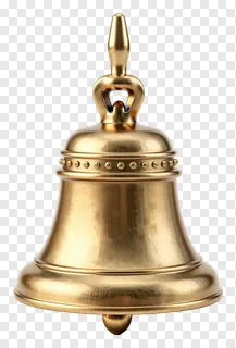 A brass puja bell with a beaded rim and crown handle.