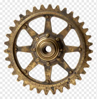A brass-colored steampunk gear wheel with intricate design.