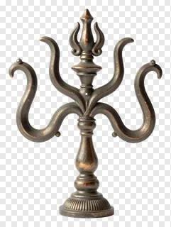 A bronze trishul sculpture with three curved prongs.