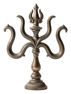 A bronze trishul sculpture with three curved prongs.